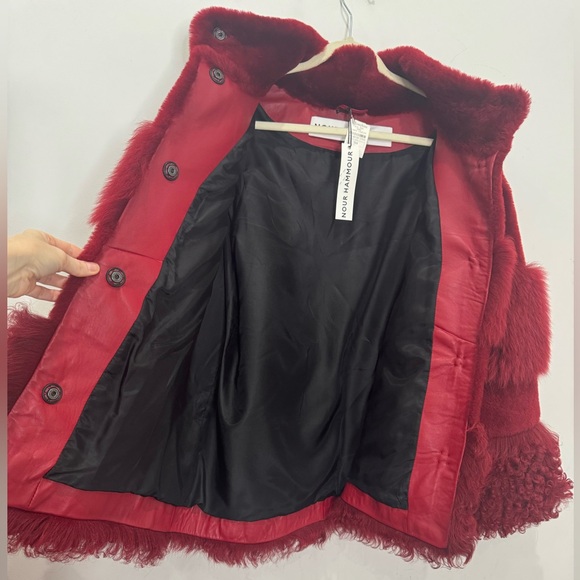 NWT Nour Hammour Aimée Shearling Fur Coat in Crimson/Oxblood red